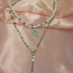 Collar Set Duo de Perlas con dige de Mano de Hamsa y Corbatín de Eslabones