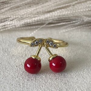 Anillo ajustable de cereza con hojas con brillo
