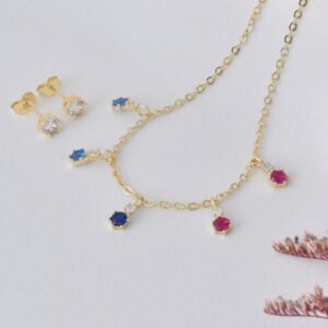 juego de collar con aretes de cristales de colores