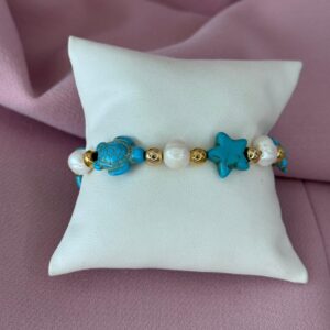 Pulsera ajustable de tortuga y estrella turquesa con perlas