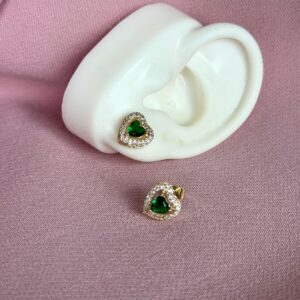 Aretes Topos corazón con piedra verde y brillo