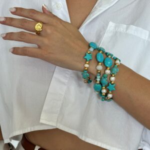 Pulsera ajustable de tortuga y estrella turquesa con perlas